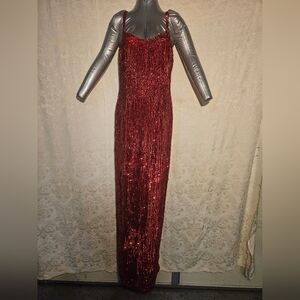 Deep Red Sequin Maxi Gown with Sleeveless Spaghetti Straps for Prom